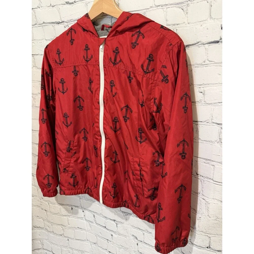 Boy's Gymboree red Light weight full zipper Jacket w/ blue Anchors Large 10-12